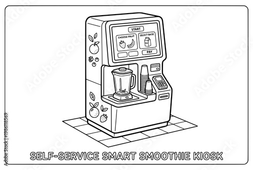 Modern SelfService Smoothie Kiosk with Touchscreen Interface and Blender.
