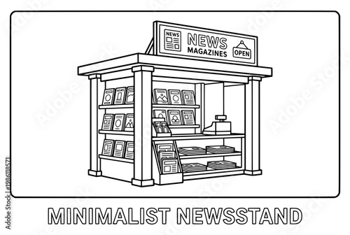 Minimalist Newsstand Selling Magazines and Newspapers in Black and White.