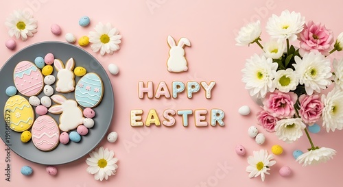 Colorful Easter cookies and eggs on a plate with happy Easter message and flowers