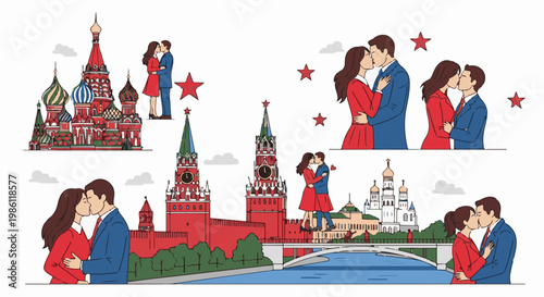 Couples kissing against iconic Russian architectural backgrounds with red stars