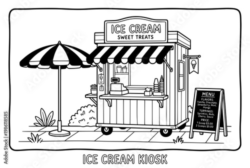 Black and White Illustration of Ice Cream Kiosk with Umbrella and Sign.
