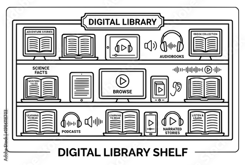 Digital Library Shelf Displaying Books Audiobooks and Digital Media.