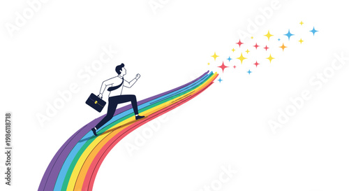 Businessman in a suit runs up a vibrant rainbow path towards a cluster of shining stars to illustrate hope, dreams, and extraordinary success.