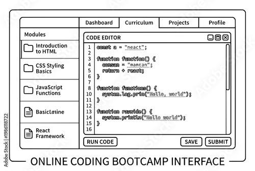 Online Coding Bootcamp Interface Displaying Code and Modules.