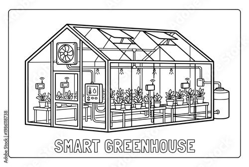 Detailed illustration of a smart greenhouse with plants and technology.