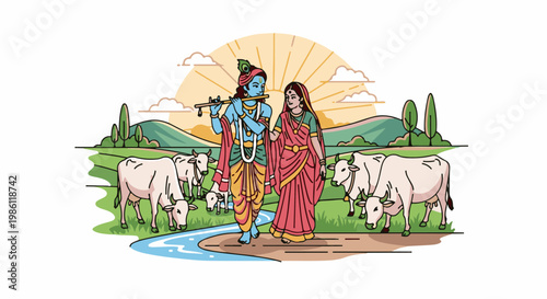 Couple walking with cows near river with sun and hills background
