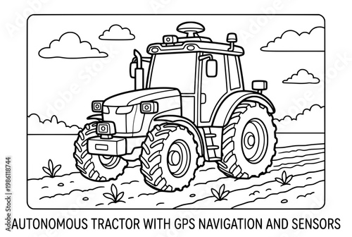 Modern Agricultural Tractor with GPS Navigation System in Field.