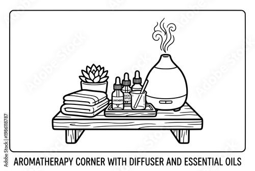 Relaxing Aromatherapy Corner Featuring Essential Oils and Diffuser for Wellness.
