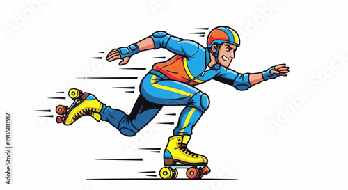 Animated male roller skater with protective gear in dynamic motion
