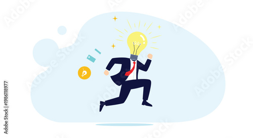 Energetic person with a lightbulb head runs fast while dropping a glowing coin symbolizing the rapid loss of ideas or spending of creative capital.