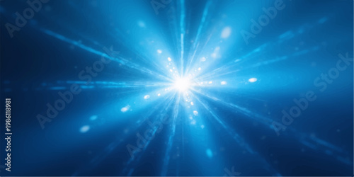 A bright abstract blue background featuring a burst of glowing stars and light rays creates an energetic space design with a sparkling flare and laser speed shine