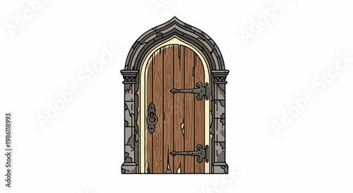 An old wooden door with metal hinges and a ring handle, framed by stone archway