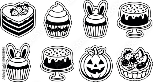 Black and white halloween pumpkin and assorted dessert icons line art vector