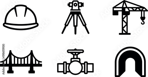 Black and white line art construction helmet bridge valve crane and tunnel vector icons