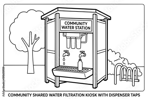Community Water Station with Filtration System and Dispenser Taps.