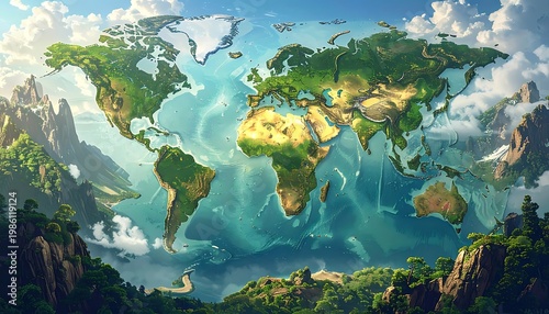 Fantasy world map with lush, animated style depicting continents, oceans, mountains, and cloud-filled skies