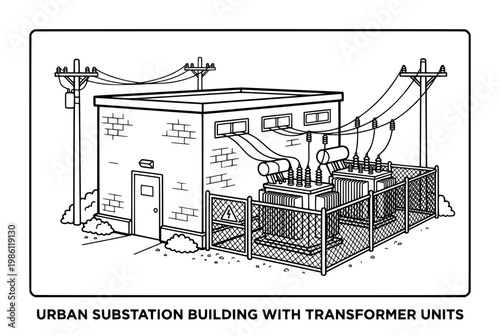 Black and White Illustration of Urban Electrical Substation Building.