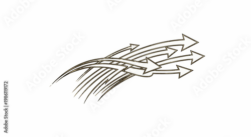 Curved, golden arrows stream from left to right against a white background