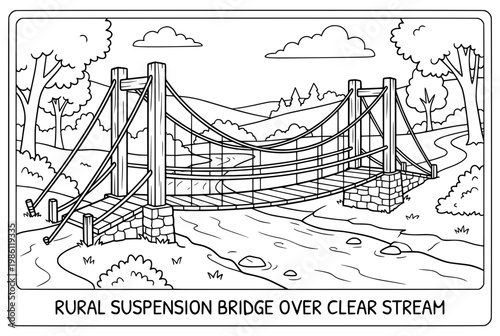 Black and white illustration of a rural suspension bridge over a stream.