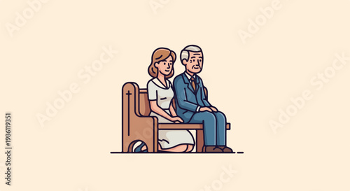Couple in formal attire sitting on a wooden pew