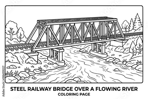 Detailed Steel Railway Bridge Spanning a Flowing River Coloring Page.