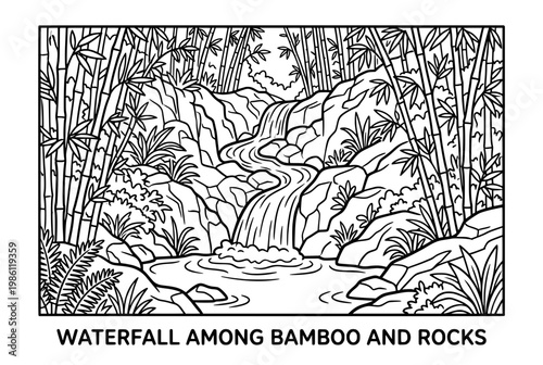 Black and White Waterfall Flowing Through Rocks and Bamboo Forest.