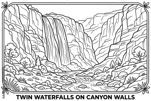 Twin Waterfalls Cascading Down Canyon Walls into River Below.