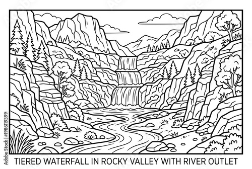 Majestic Tiered Waterfall Cascading Through Rocky Mountain Valley.
