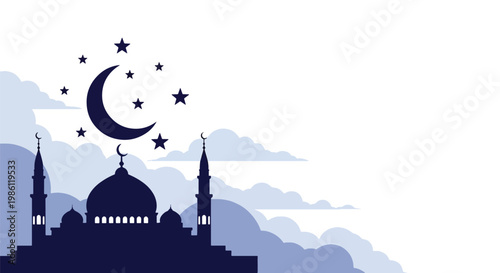 Flat style vector illustration banner of Islamic Eid Al Adha celebration with mosque silhouette, crescent moon, and stars in a clean sky background, perfect for festive greeting design