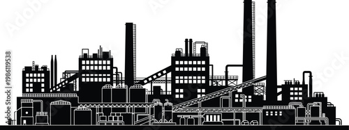 Industrial manufacturing plant skyline with chimneys, pipelines and storage tanks, heavy industry infrastructure, black and white vector illustration, engineering and production facility design