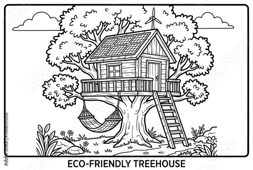 EcoFriendly Treehouse with Hammock and Ladder in Nature.