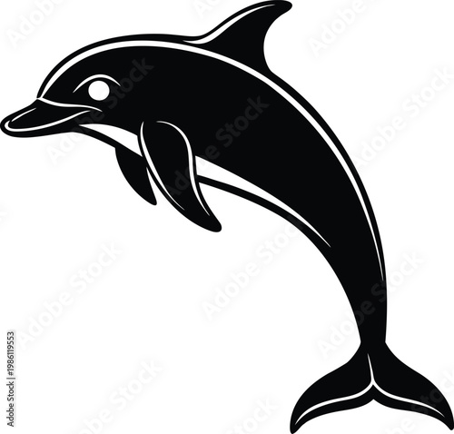 Dynamic black silhouette of a leaping dolphin, capturing the joy and freedom of aquatic life jumping