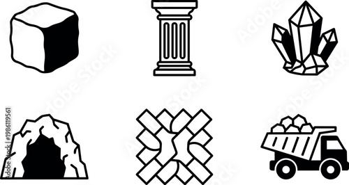 Black and white line art mining rock crystal mine shaft and dump truck icons