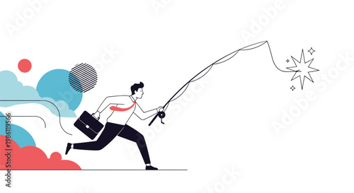 Businessman in a suit runs quickly while holding a fishing rod to catch a shining star representing the pursuit of excellence and high goals.