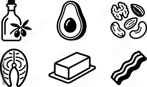 Olive oil avocado mixed nuts salmon butter and bacon icons