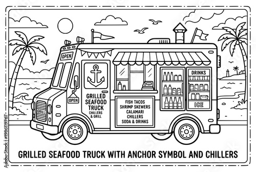Black and White Illustration of a Seafood Food Truck on the Beach.