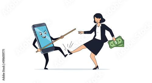 Woman holding stack of cash runs away as angry smartphone character chases her with wooden stick, representing mobile security and threats.