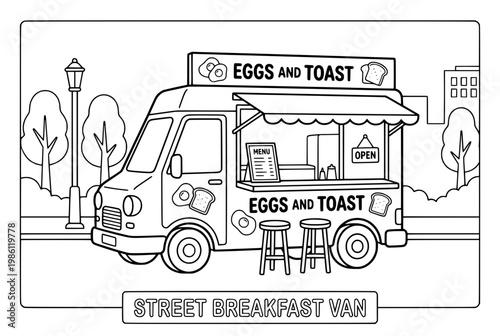Black and White Illustration of a Street Food Breakfast Van.