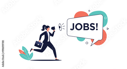 Determined businesswoman with a ponytail runs with a megaphone and a large jobs bubble representing active recruitment and hiring campaigns.