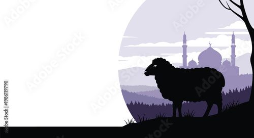 Flat style vector illustration banner of Islamic Eid Al Adha celebration featuring sheep silhouette with mosque landscape and crescent moon, symbolizing qurban and spiritual festive moment