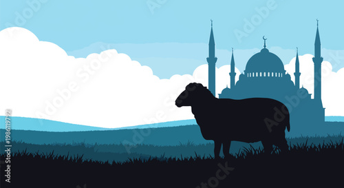 Flat style vector illustration banner of Islamic Eid Al Adha celebration featuring sheep silhouette with mosque landscape and crescent moon, symbolizing qurban and spiritual festive moment