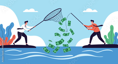 Two business professionals use fishing rod and net to catch falling dollar bills from water, symbolizing wealth acquisition and opportunity.
