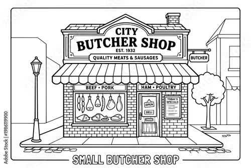 Black and White Illustration of a Classic Butcher Shop.