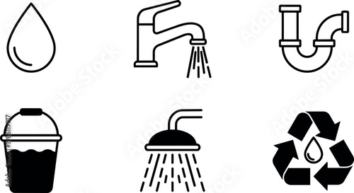 Black and white water drop faucet pipe bucket shower water recycling icons