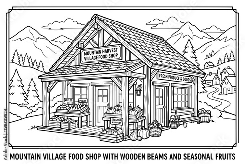Mountain Village Food Shop with Wooden Beams and Seasonal Fruits.