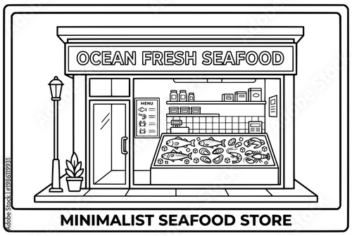 Minimalist Illustration of a Seafood Storefront with Fresh Fish Display.