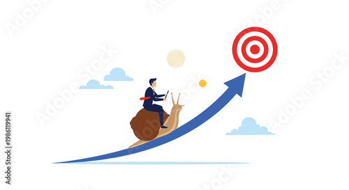 Businessman rides on back of slow snail moving up rising blue arrow toward bullseye target, depicting slow but steady progress in business.