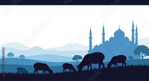 Flat style vector illustration banner of Islamic Eid Al Adha celebration featuring sheep silhouette with mosque landscape and crescent moon, symbolizing qurban and spiritual festive moment