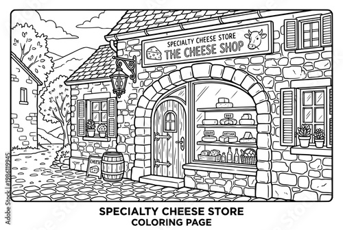 Black and White Illustration of a Specialty Cheese Shop Exterior.