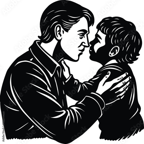 Tender black and white of a father embracing his son with affectionate gaze family love